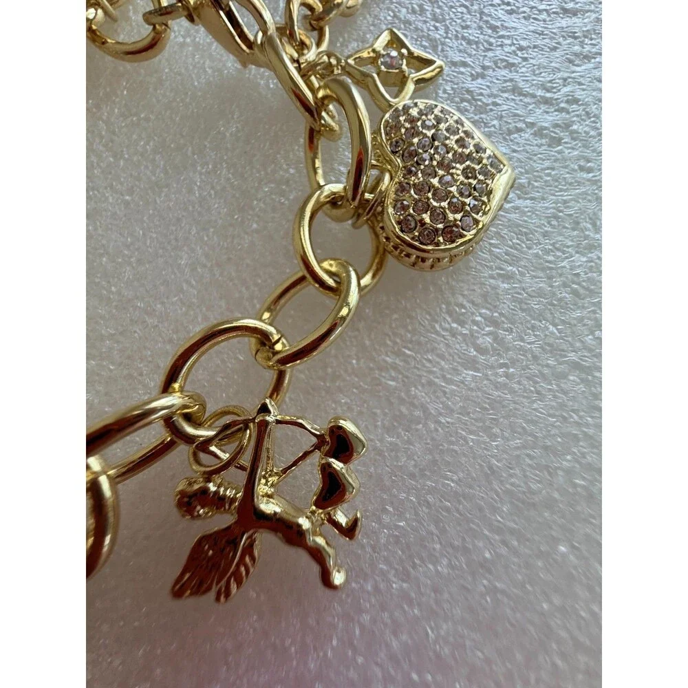 Gold Tone Chunky Charm Bracelet Teal & Champagne Glass Crystal Rhinestone Heart